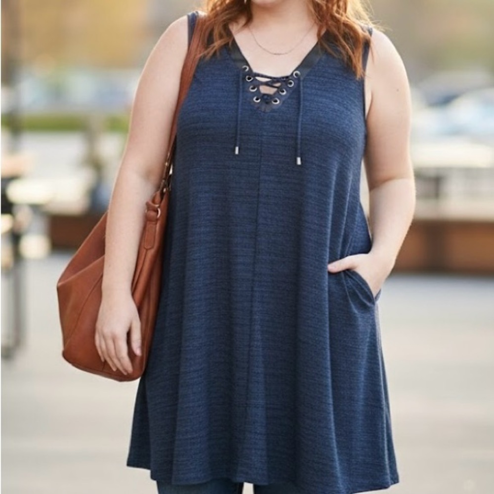 Love & Legend Blue Space Dye Lace-Up Tunic Faux Leather Trim Dress Rock Chic